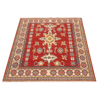 Tapis rouge en laine noué à la main de conception unique 4 pi 0 po x 5 pi 7 po New Age Finest Ghazni