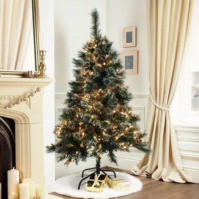 4.5FT Flowering/Pine Needle Sticky Glass Sand Christmas Tree With 250 Chasing Clear UL Lights, 37 Pinecone Decoration, Metal Hinges & Foldable Base Easy Assembly, For Home, Office, Parties