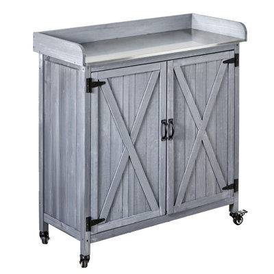 Potting Bench Table, Outdoor Gardening Wooden Storage Cabinet with 36 x 16 in Galvanized Iron Tabletop, Garden Planting Workstation with Large Storage Space, 4 Casters for Patio, Backyard, Grey