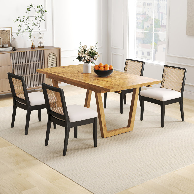 Table de salle à manger en bois massif avec table de salle à manger extensible et chaise rembourrée Farmhouse, Brun, Noir