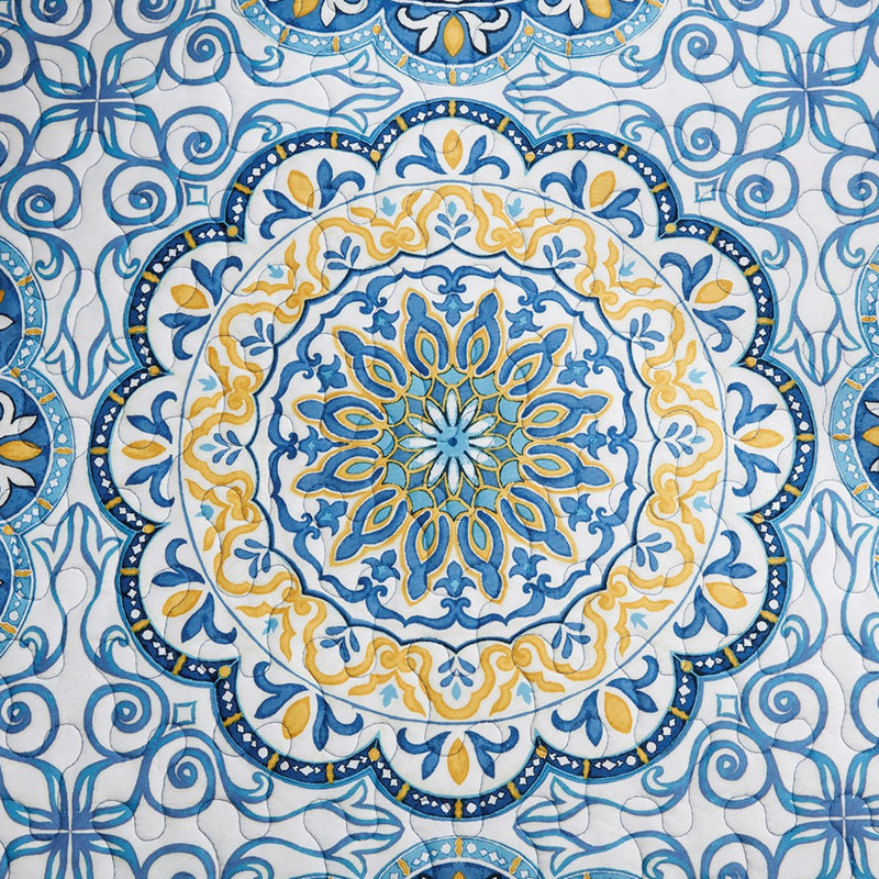 Blue Reversible Daybed Cover - 6 Piece, With Striped Reverse And Medallion Print, Fits Twin Mattress, Includes Cover, , 3 Shams, 1 Decorative Pillow, Machine Washable Piece Reversible, Print Back,
