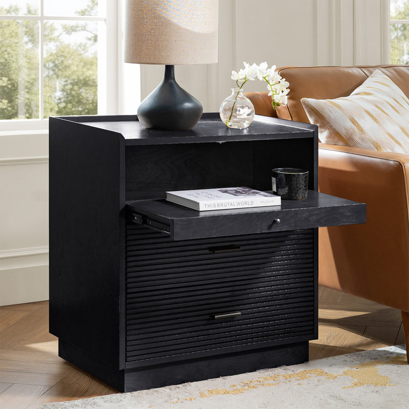 Gatewood Mid-Century 29'' H Nightstand Pull-Out Tray With USB And LED Light, Black