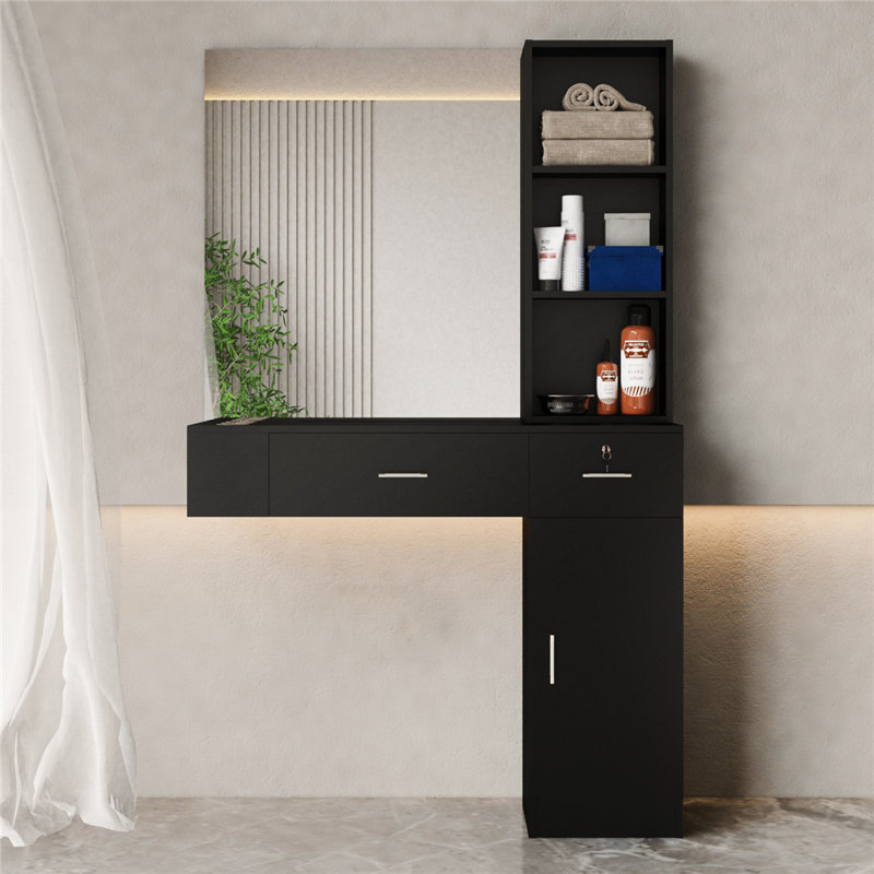 Armoire de rangement murale noire 2 tiroirs 1 armoire de rangement 3 tablettes ouvertes avec miroir