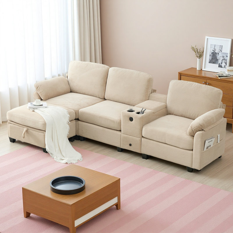 L-Type Multifunctional Corduroy Sofa: 4-Seater Segmented Design With Cup Holder/USB Interface/Storage Box, Equipped With Movable Console+Ottoman Style Storage Space
