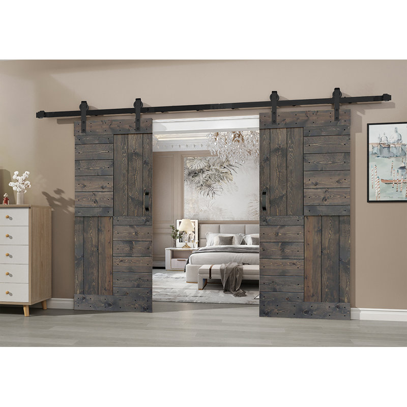 Porte de grange coulissante double en bois massif avec trousse de quincaillerie brevetée S Series - assemblage requis