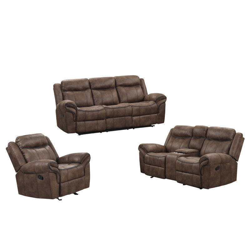 Ensemble de salon inclinable , 3 pièces: 1 canapé, 1 causeuse, 1 fauteuil, Brun