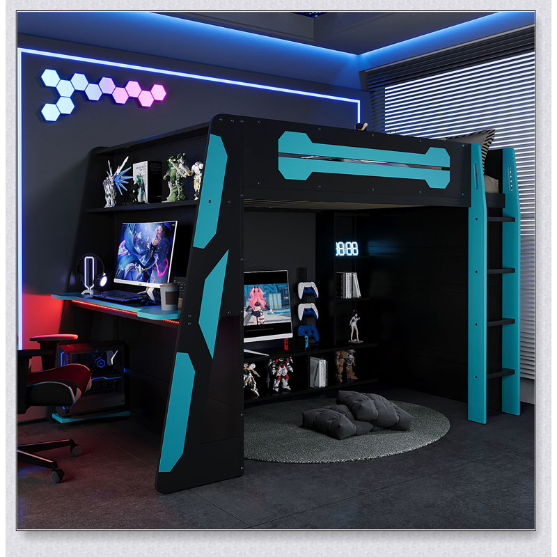 Wood Loft Bed With Desk, Multi-Storage Shelves And RGB Light, Bleu / Noir