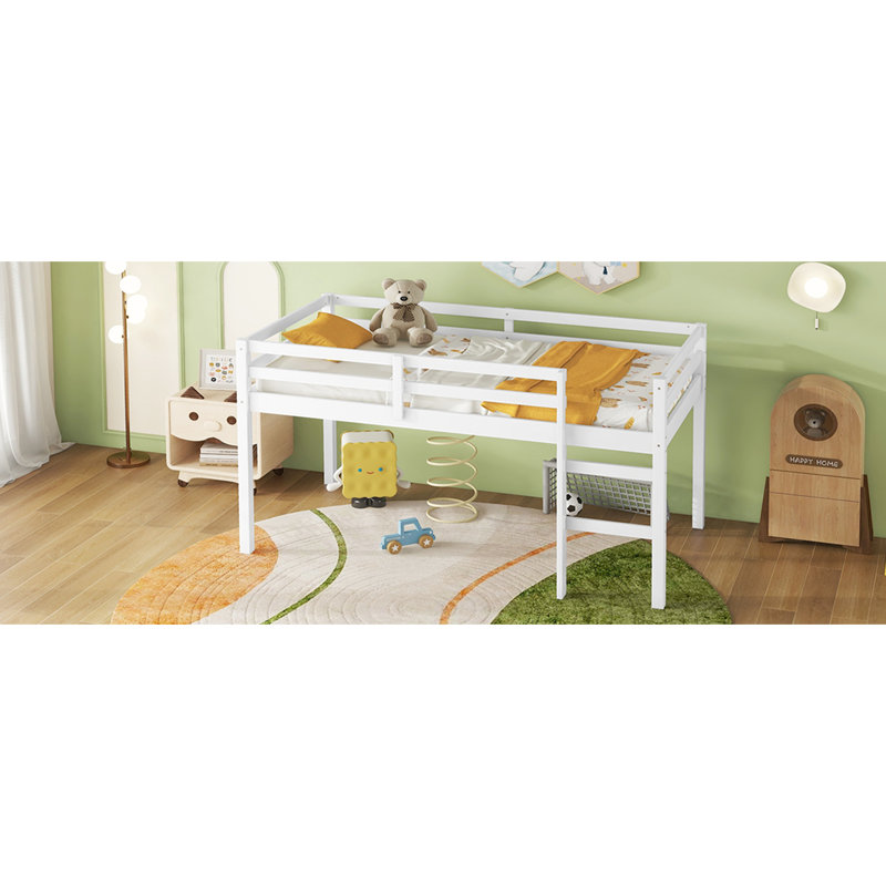 Lit mezzanine simple avec bois d'hévéa blanc, grand espace de rangement en dessous, plateforme à lattes renforcées pour lit de stabilité, fabriqué à partir d'une organisation spacieuse sous la surface, solidement fixé