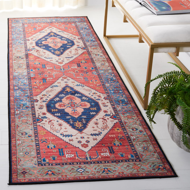 Tucson Vintage Look Machine Washable Non-Slip Area Rug in Black & Grey, Runner 76 x 244 cm