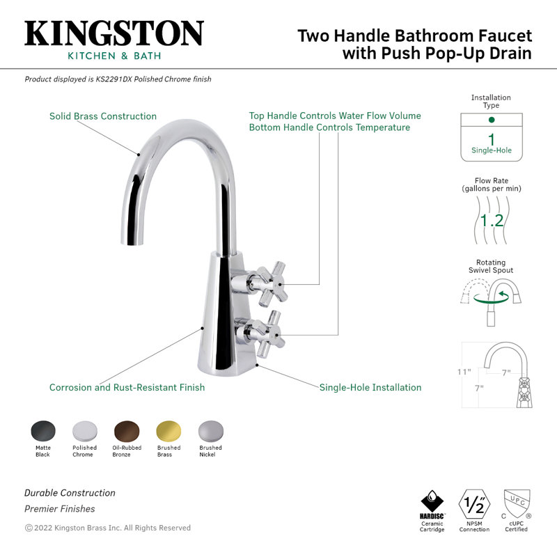 Kingston Brass Constantine Two-Handle 1-Hole Deck Mount Bathroom Faucet with Push Pop-Up, Oil Rubbed Bronze