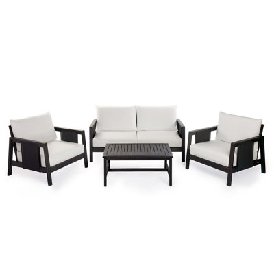 4-Piece Outdoor Sofa Set With Water-Repellent Cushions, Acacia Wood Frame, Textilene Accents, And Matching Coffee Table For Patio, Deck, Or Backyard Use.