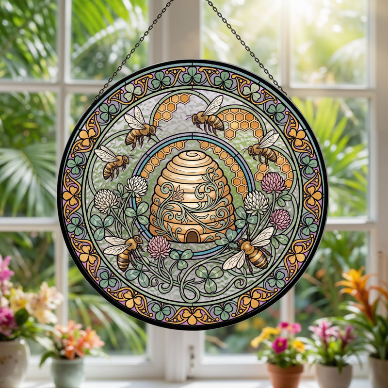 Bee Hive Stained Glass Window Panel，7.8H, 7.8"H