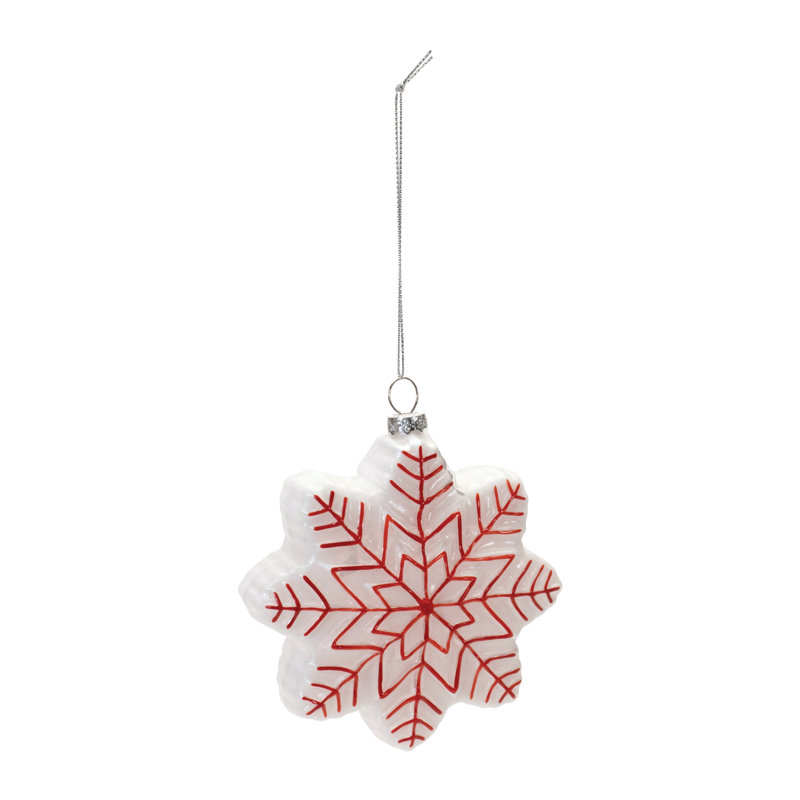 Set of 12 Wintry White and Red Glass Snowflake Ornaments