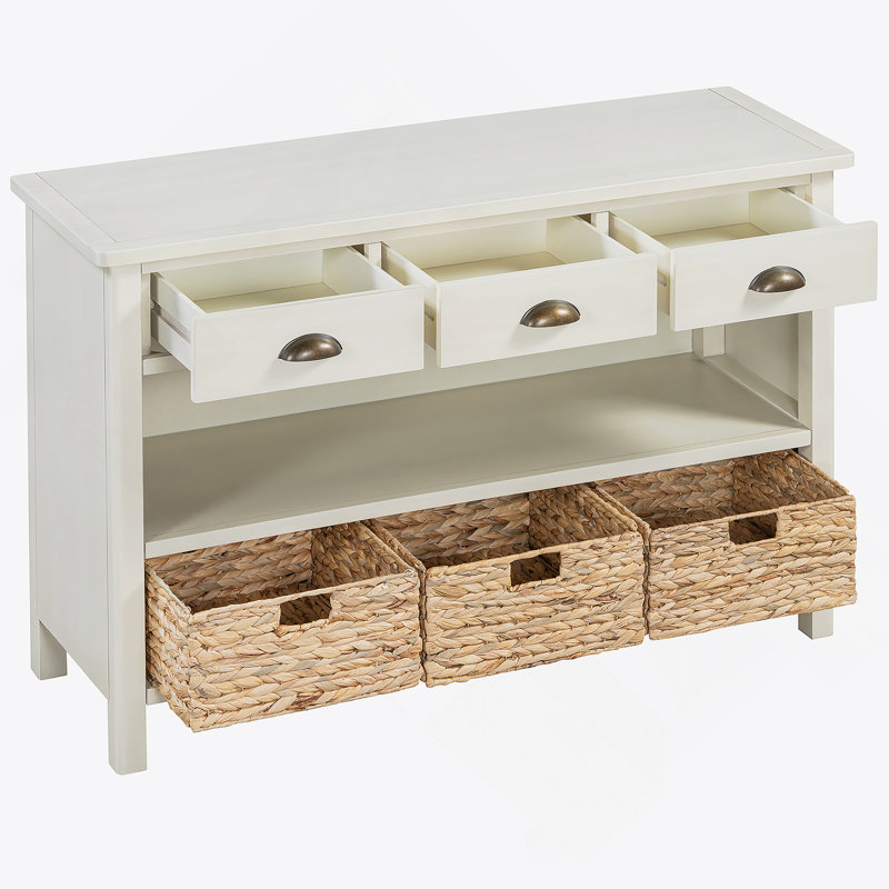 Console de style rétro avec tiroirs et paniers tissés en jacinthe d'eau, polyvalente pour de multiples espaces et styles de décoration