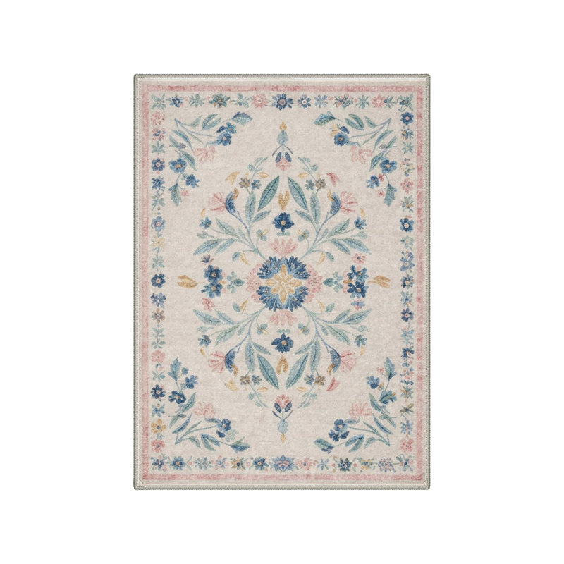 Floral Medallion Rug for Bedroom Entryway, 5 X 7 Ft, Blue Pink