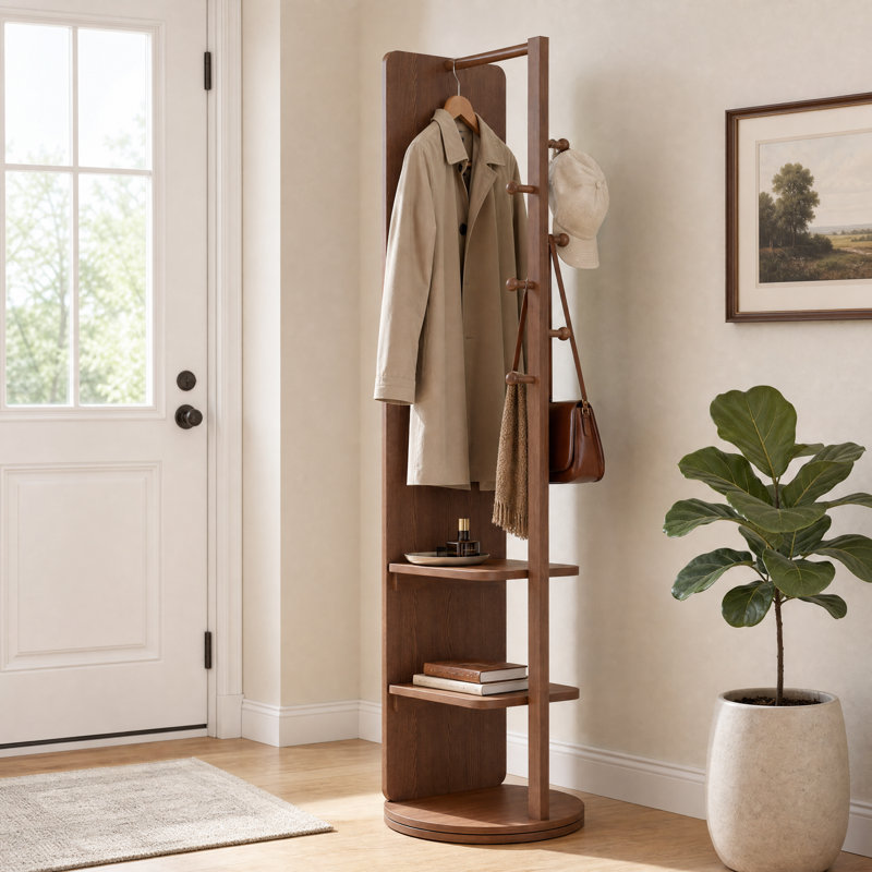 Miroir pleine longueur pivotant à 360° de 66 pouces, porte-manteau sur pied en bois massif avec crochets, Walnut