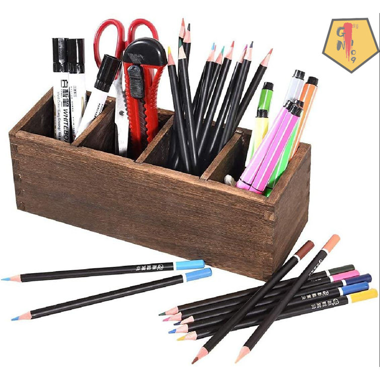 WuGeShop RNAB07ZRDKDMN wood pen pencil holder for desk, rustic pen  organizer 4 compartment, multi-use desktop stationery supplies organizer  pencil s