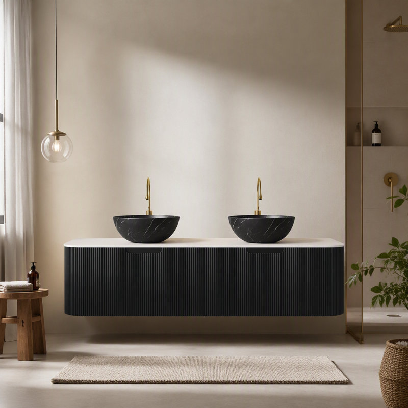 Meuble-lavabo de salle de bain 60 po, 2 tiroirs, 2 cuves en céramique et un plateau en pierre frittée blanc de Carrare, pré-assemblé, de couleur noire