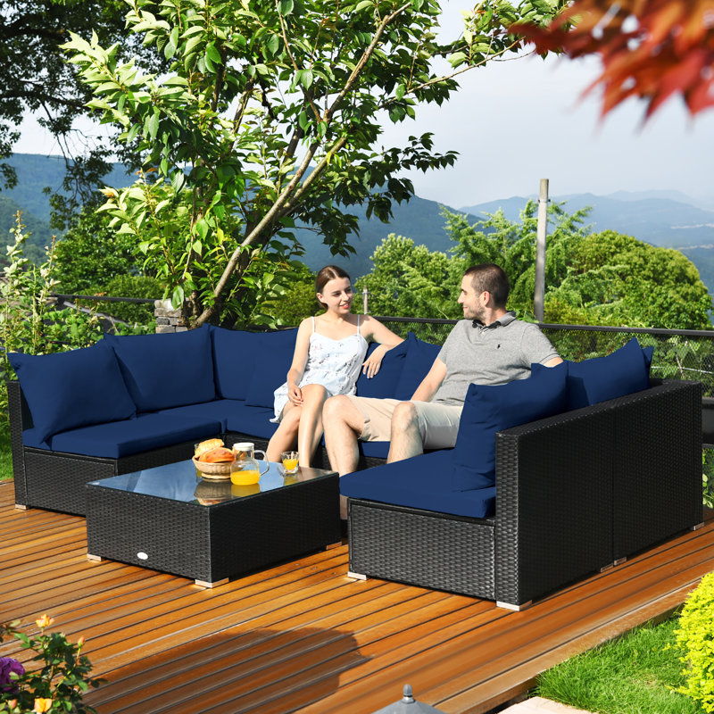 Finnbar 6 - Person Modular Patio Conversation Set with Cushions, Navy Blue