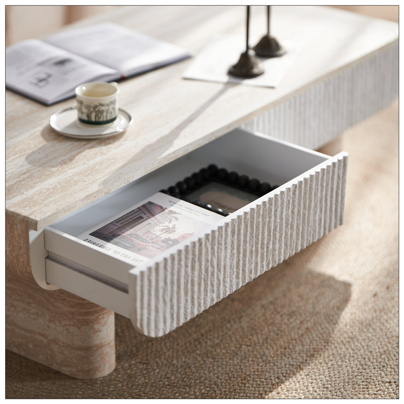 Table basse Mid-Century moderne avec tiroir cannelé, Beige-brun
