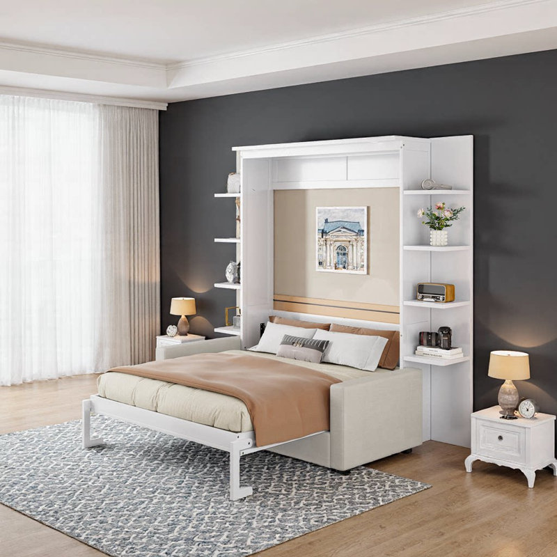 Grand lit escamotable mural avec canapé convertible - Finition blanche moderne