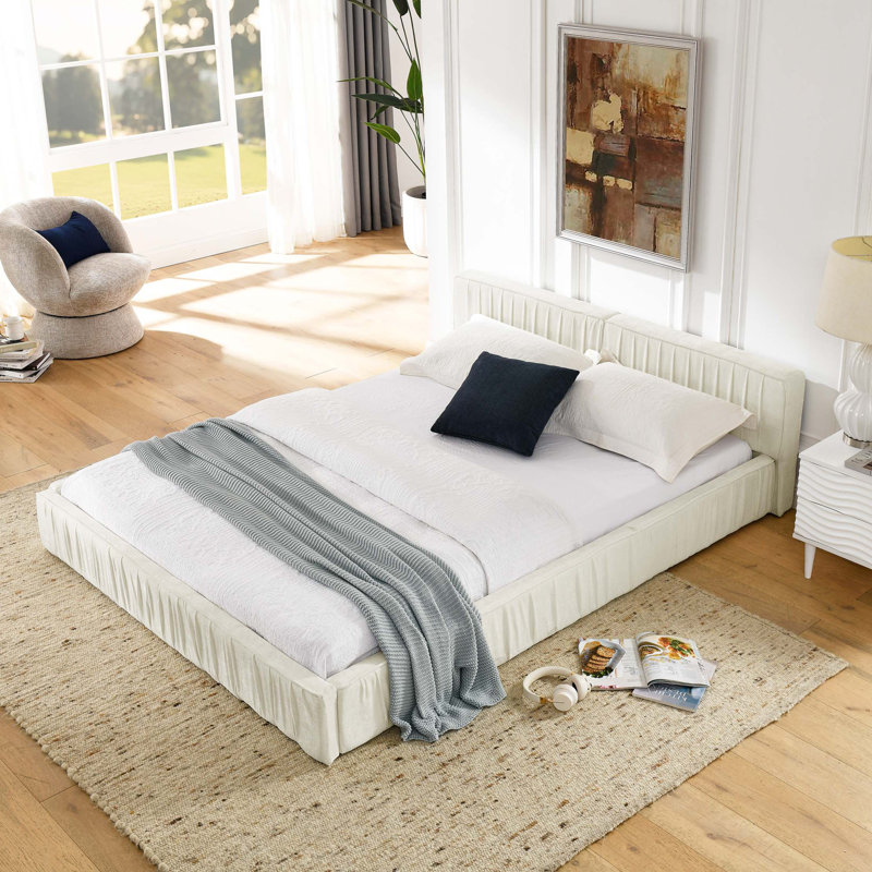 Queen Size Upholstered Bed Frame, Beige