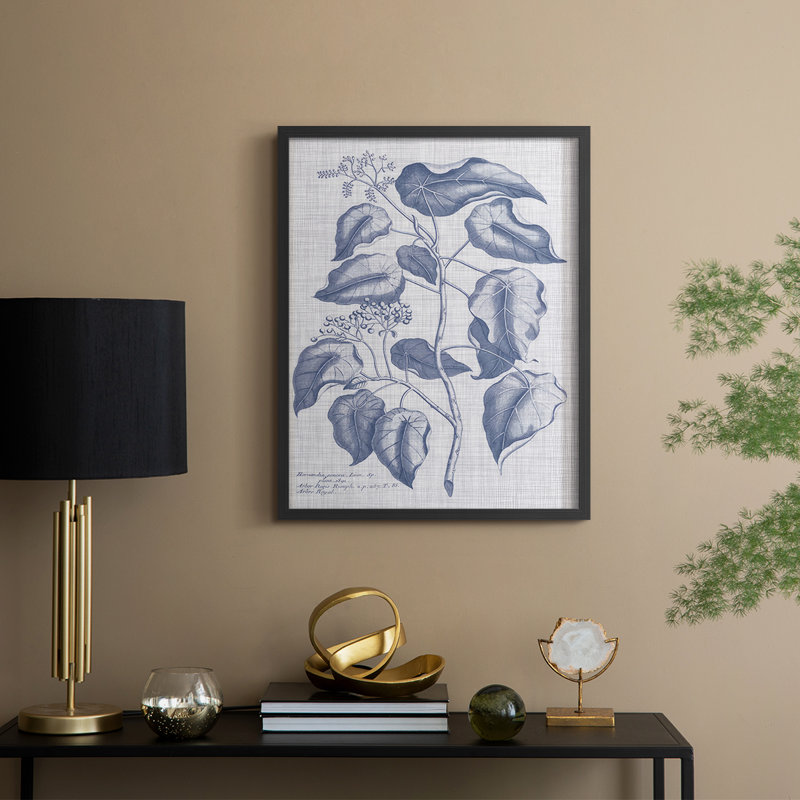 Bleu marine et lin, reproduction botanique encadrée - bois massif, Noir, noir, noir, noir, H 30 po x l 24 po