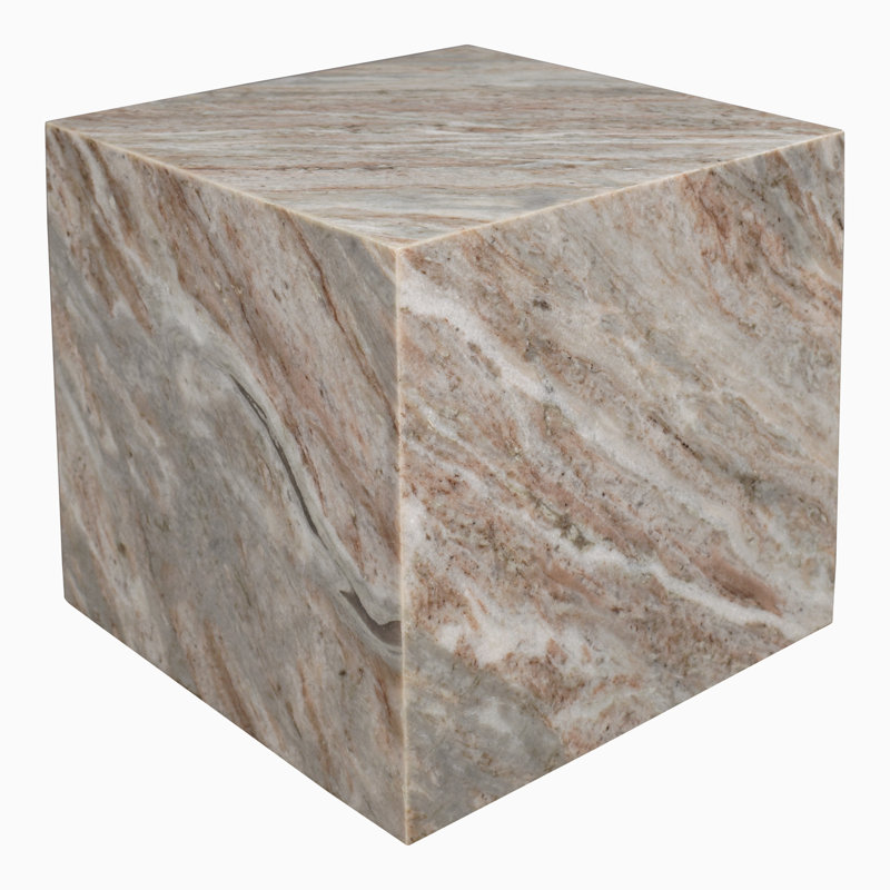 Felix 15" Minimalist Marble Cube End Table, Natural Gray Beige Stone Square Block Side Table, Solid Glossy Living Room Accent Pedestal