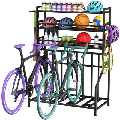 Heavy Duty 4 Bike Rack for Garage - Freestanding Bicycle Storage with 3-Tier Shelves for Helmets & Gear - Fits Road, Mountain, Fat Tire & Kids Bikes