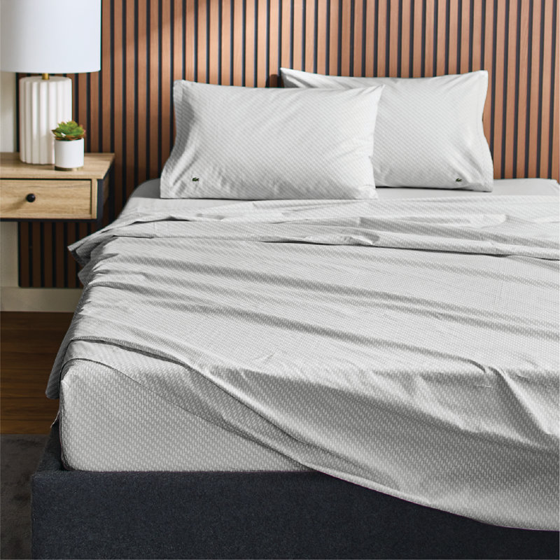 Lacoste Mini Geo 100% Cotton Percale Sheet Set, Gray, Queen Sheet Set with 2 Pillowcases