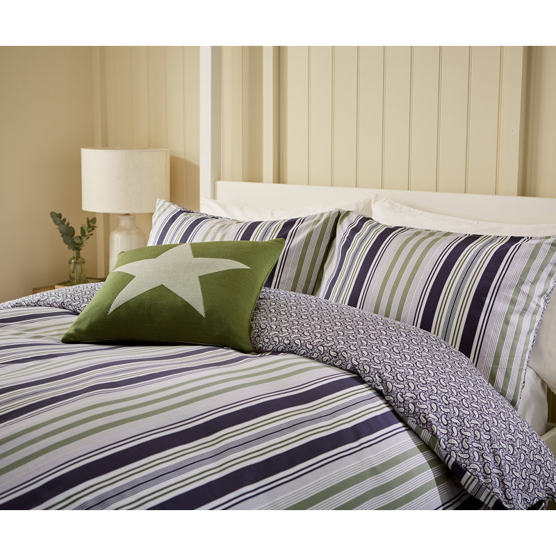 Beach House Stripe Cotton Duvet Cover Set, King Size Duvet Cover + 2 Pillowcases, Grey