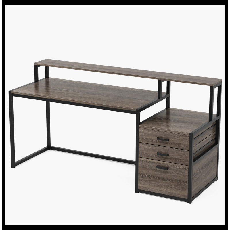 Bureau d'ordinateur 63 po, bureau ergonomique avec tiroirs et support pour écran 63 po, Noir, Gris