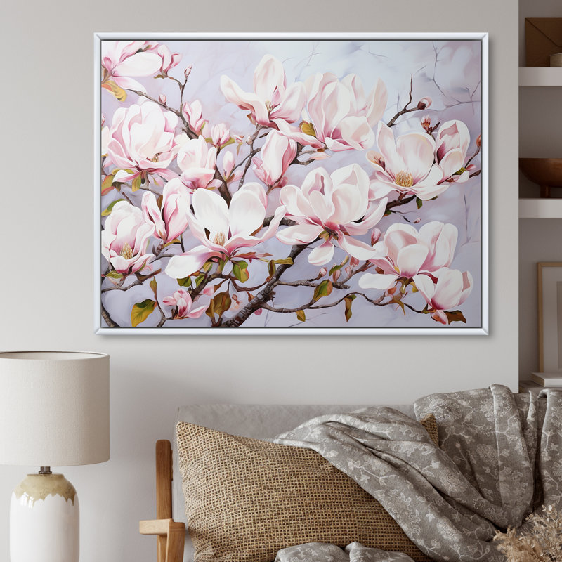 Fleurs de magnolia roses sur toile, Cadre flottant blanc, H 34 po x l 44 po x P 1,5 po