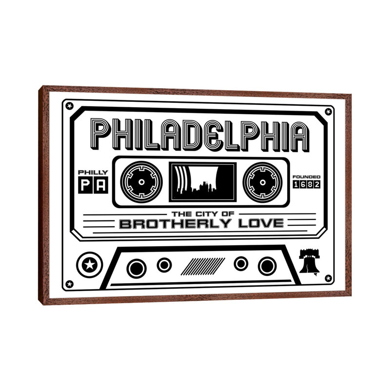Philadelphia Cassette, Light Background by Benton Park Prints - Print on Canvas, Classic Brown Wood Framed