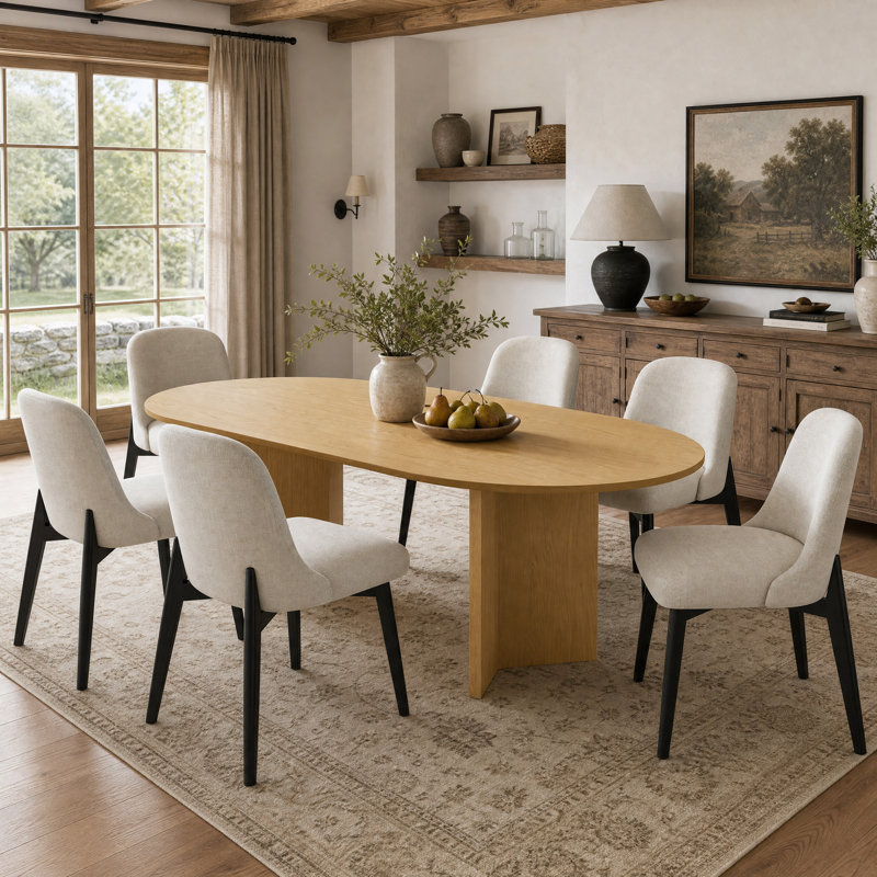 Table de salle à manger Kowalsky, 7 Pieces: Table, 6 Chairs, White, Oak