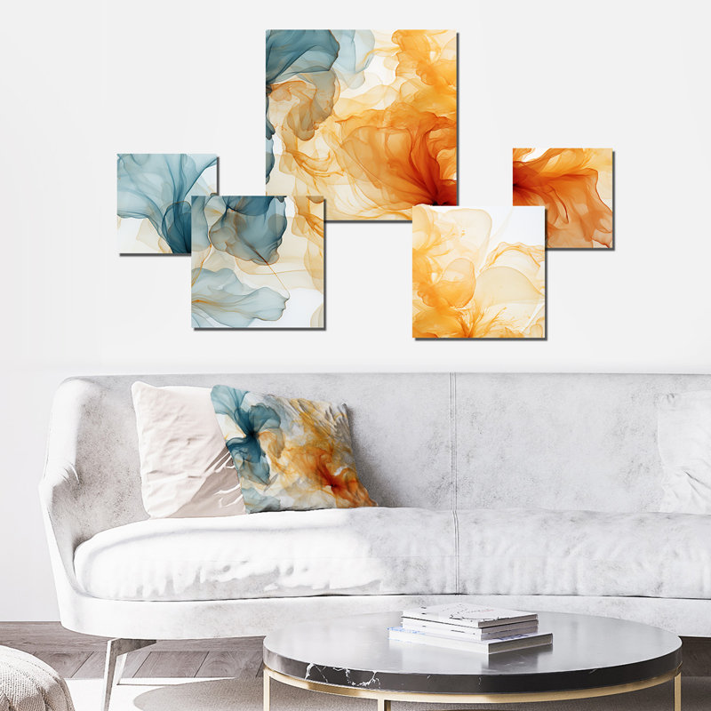 Encre orange et bleue - Collages abstraits, ensemble d'art mural carré sur 5 collages abstraits