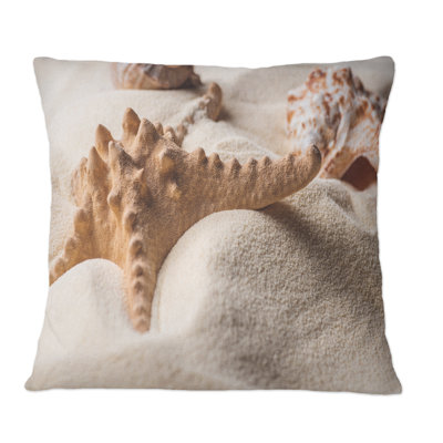 Starfish And Seashell On Light Sand - Nautical & Coastal Printed Throw Pillow