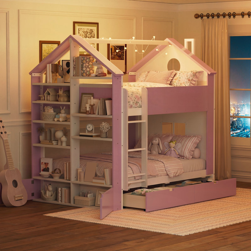 Lit double avec tiroirs et tablettes de rangement, White,Pink