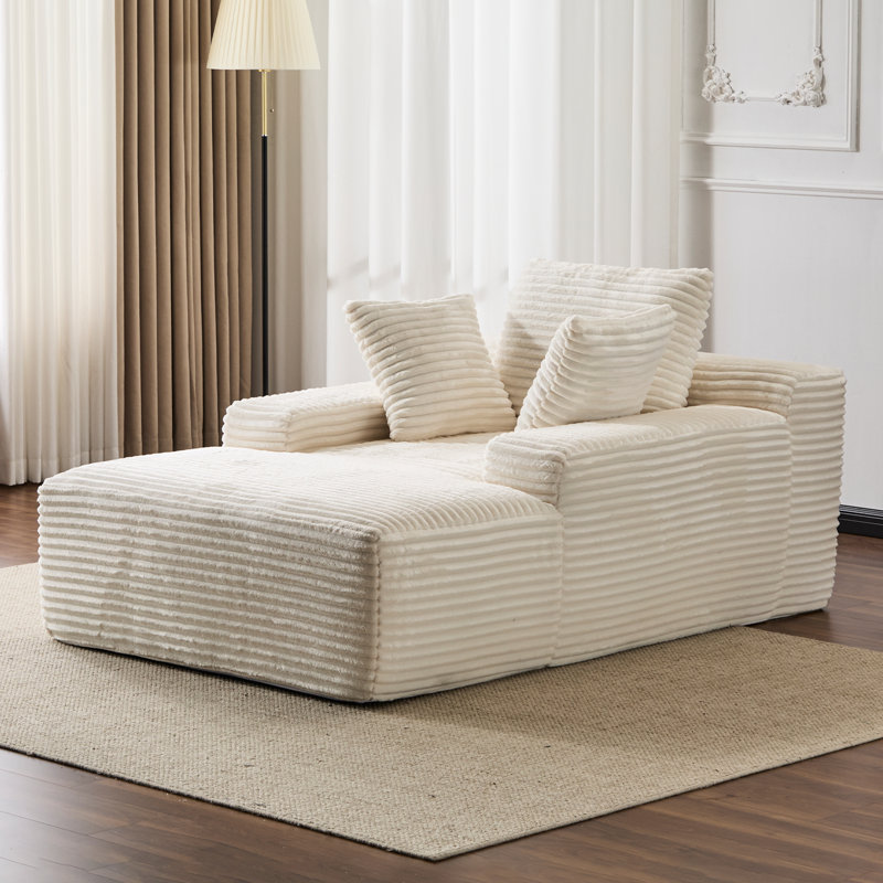 Chaise longue blanche avec revêtement en velours côtelé, 3 coussins décoratifs, accoudoirs larges, support ergonomique, mousse à mémoire de forme, fauteuil moderne surdimensionné sans assemblage pour se détendre à la maison, rembourrage en mousse, forme, espace de vie