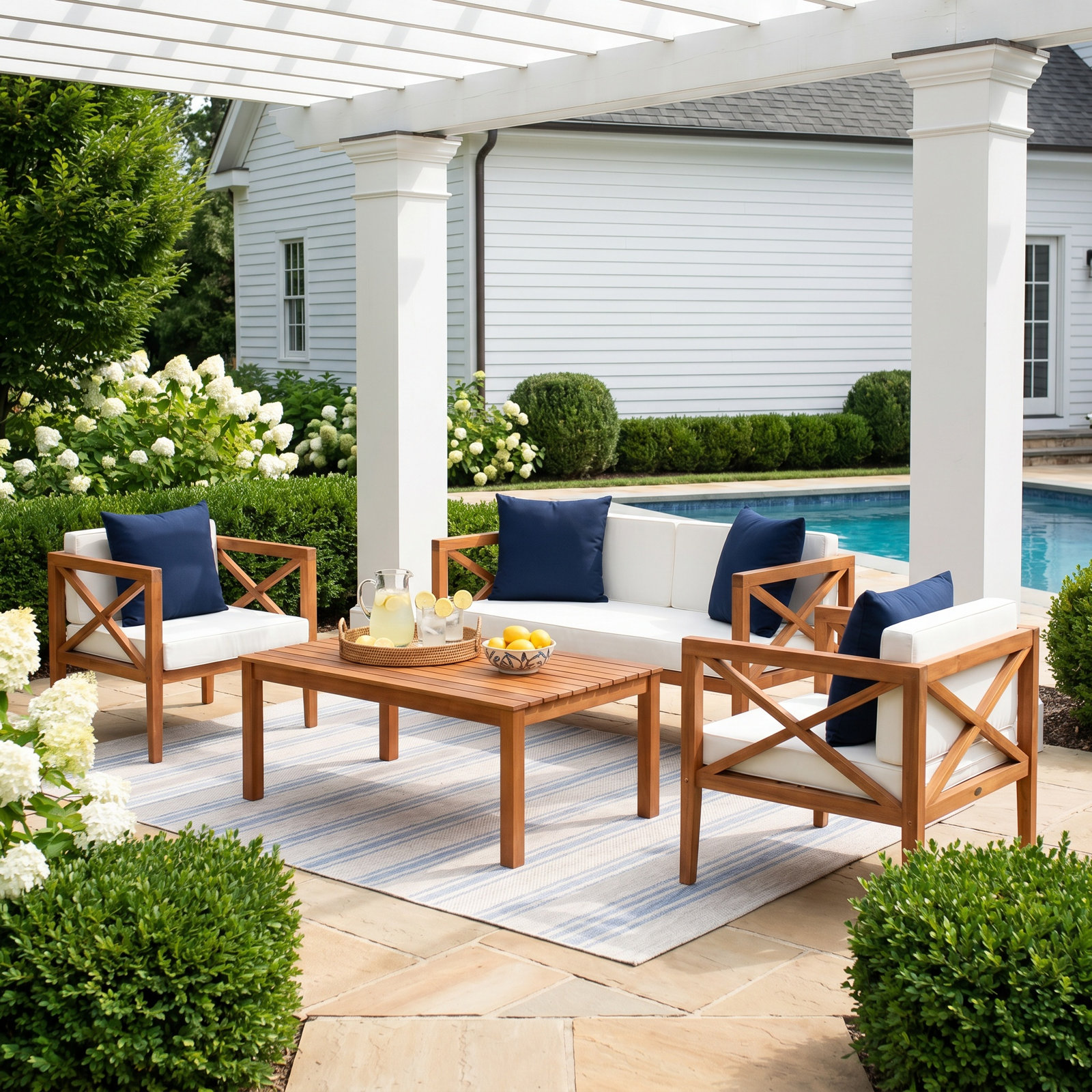 Mondovi Eucalyptus 4 - Person Patio Conversation Set with Cushions, Teal, Grey Wash Frame/White Cushion