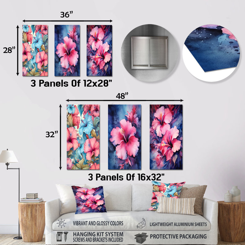 Ensemble de 3 décorations murales en métal Tropical Hibiscus Beauty - Hibiscus, H 28 po x l 36 po
