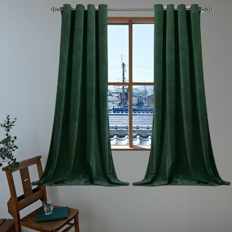 Dark Green Velvet Blackout Curtain Panel Pair