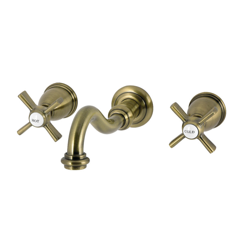 Kingston Brass Millennium Double-Handle 3-Hole Wall Mount Bathroom Faucet, Antique Brass