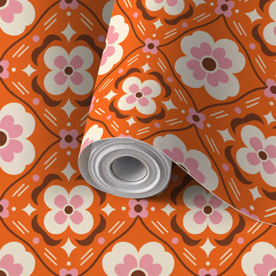 Papier peint auto-adhésif à motif floral orange, rose, adhésif et amovible 17,7 po x 118 po (45 x 300 cm)