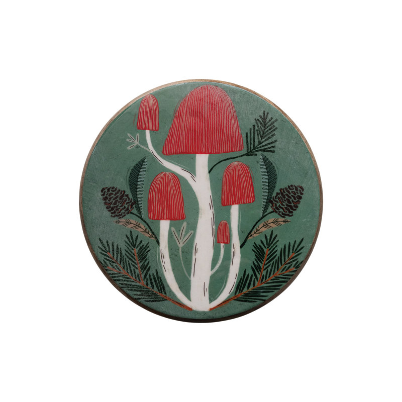 Enameled Mango Wood Pedestal With Mushrooms