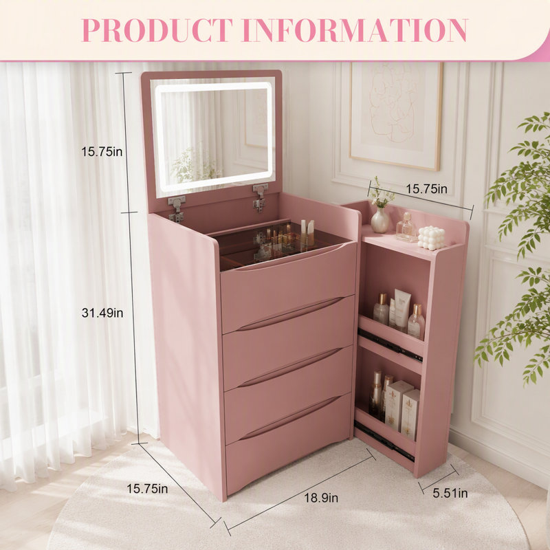 Coiffeuse 3 en 1 avec miroir rabattable, éclairage et rangement, Rose