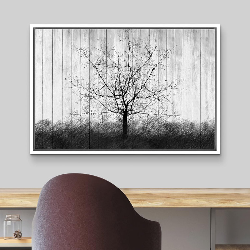 Arbre à panneaux noir et blanc à motif de silhouette de bois de style neutre rustique et relaxant, Cadre blanc