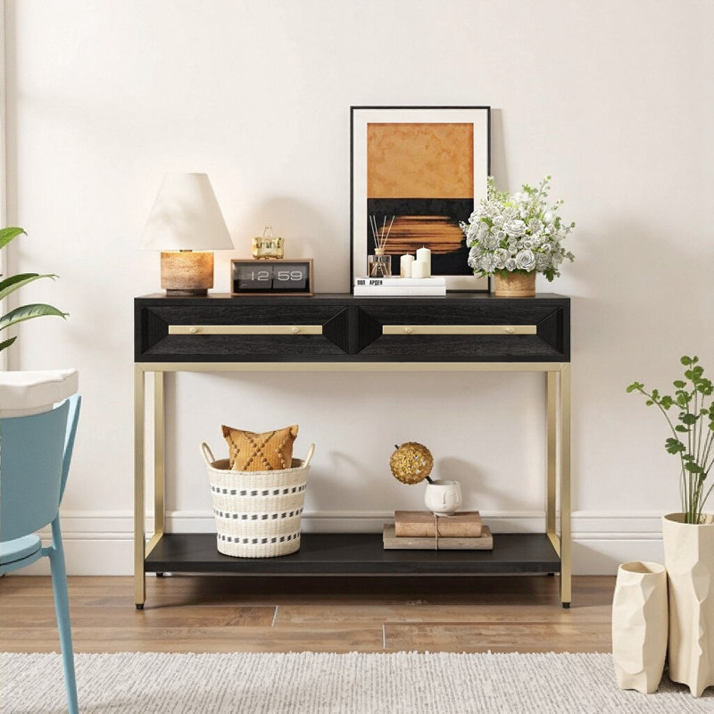 45.5 Inch Black Entryway Table with Geometric Design & Gold Accents, Mid-Century Modern Console Table with 2 Drawers & Open Shelf