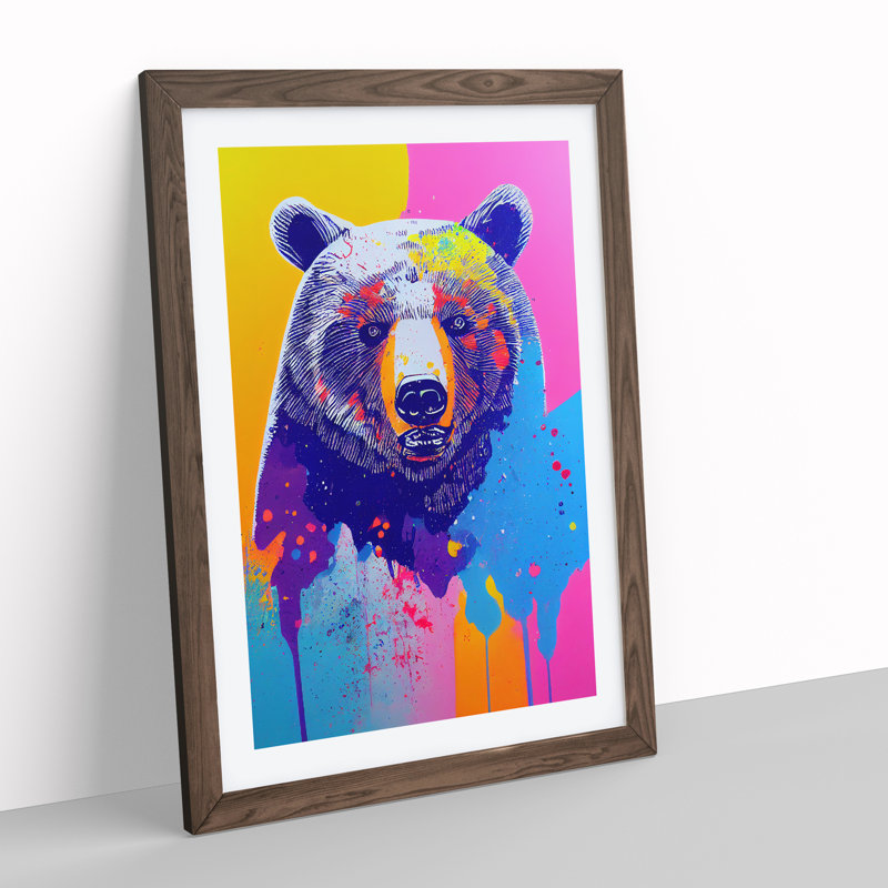 Colourful Bear No.1 - Wall Art, 48cm H x 36cm W, Walnut Framed, White
