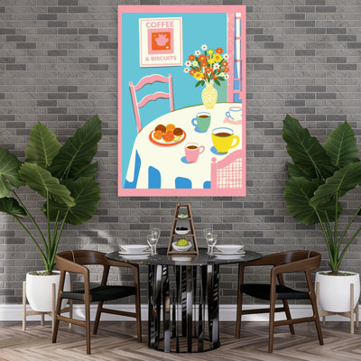 Petit-déjeuner café chaleureux, impression d'art mural contemporain coloré et vibrant représentant une architecture florale, représentant une fleur.